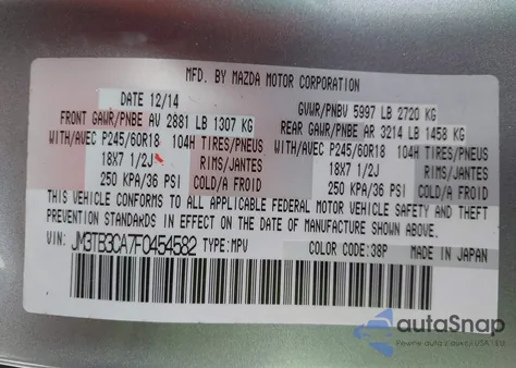 2015 Mazda Cx-9 Touring z USA, uszkodzony, nr VIN JM3TB3CA7F0454582